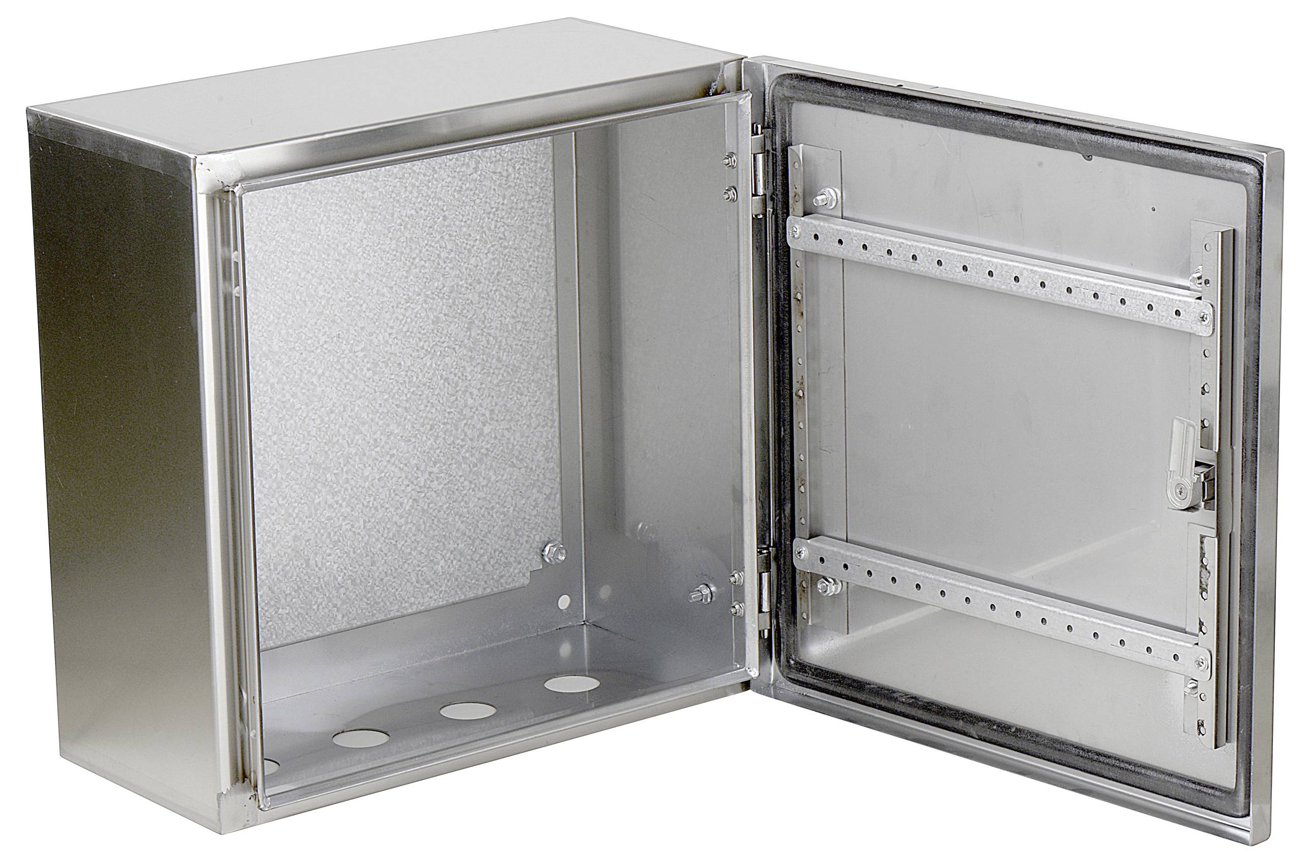 Offener, rechteckiger Metallkasten mit Scharnier an der rechten Seite. Geeignet für den Schutz von elektrischen oder technischen Komponenten.
