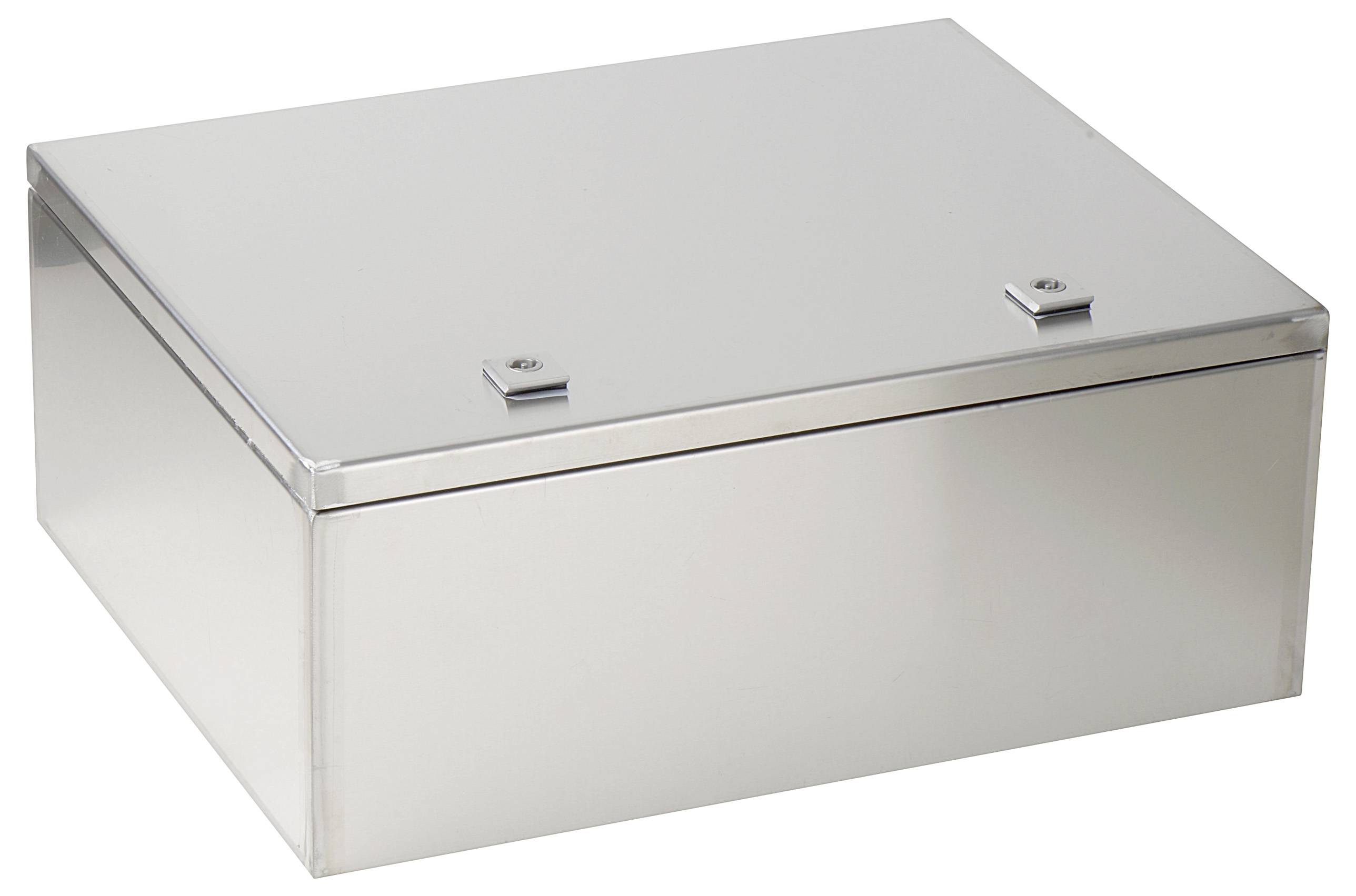 Rechteckiger Edelstahlkasten mit zwei Schrauben auf dem Deckel, vor einem weißen Hintergrund.
