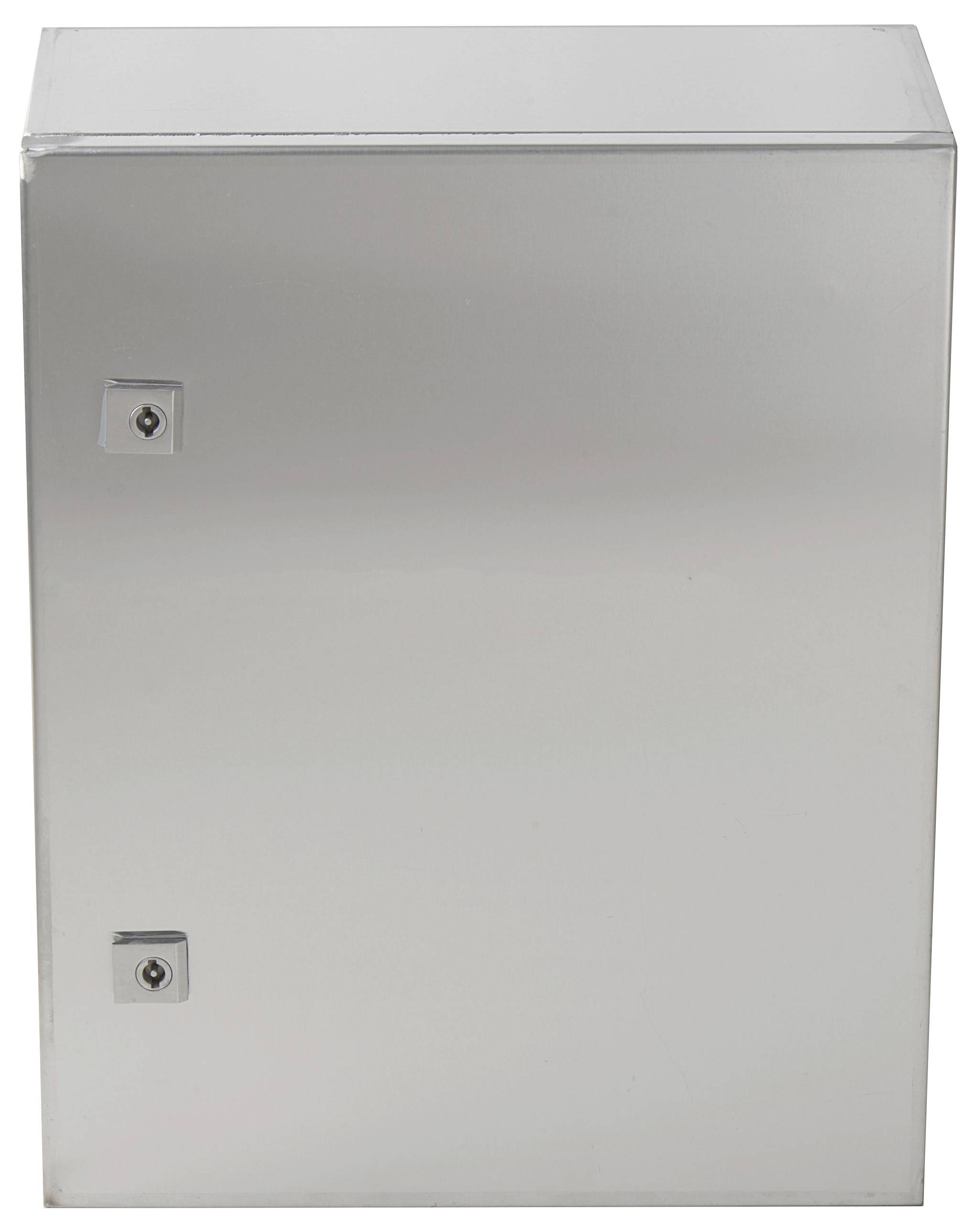 Metallkasten mit zwei Schlössern auf der Vorderseite, möglicherweise für den Schutz von elektrischen oder technischen Geräten genutzt.