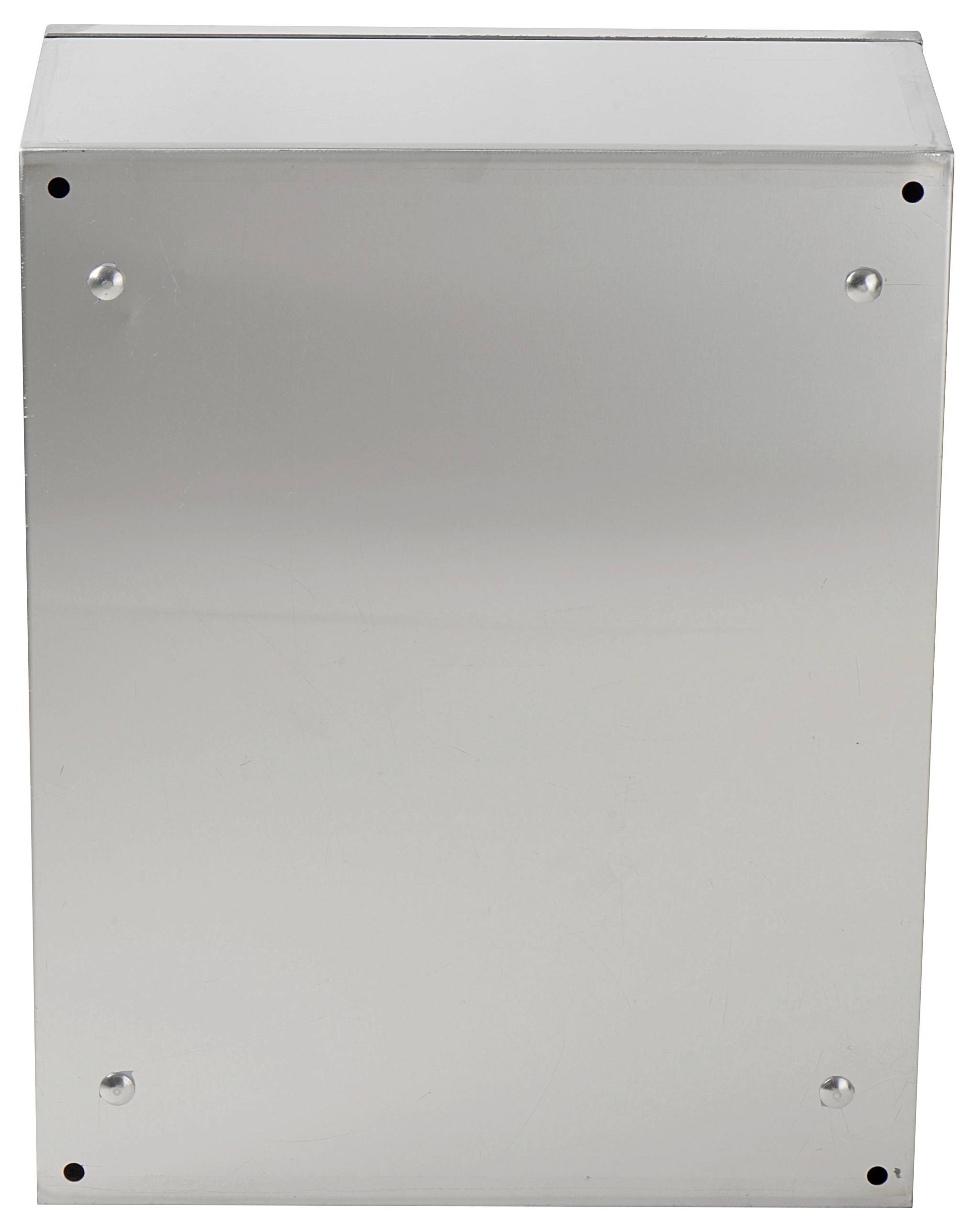 Silberne, rechteckige Metallbox mit sechs sichtbaren Schrauben an den Ecken; glatte, glänzende Oberfläche.