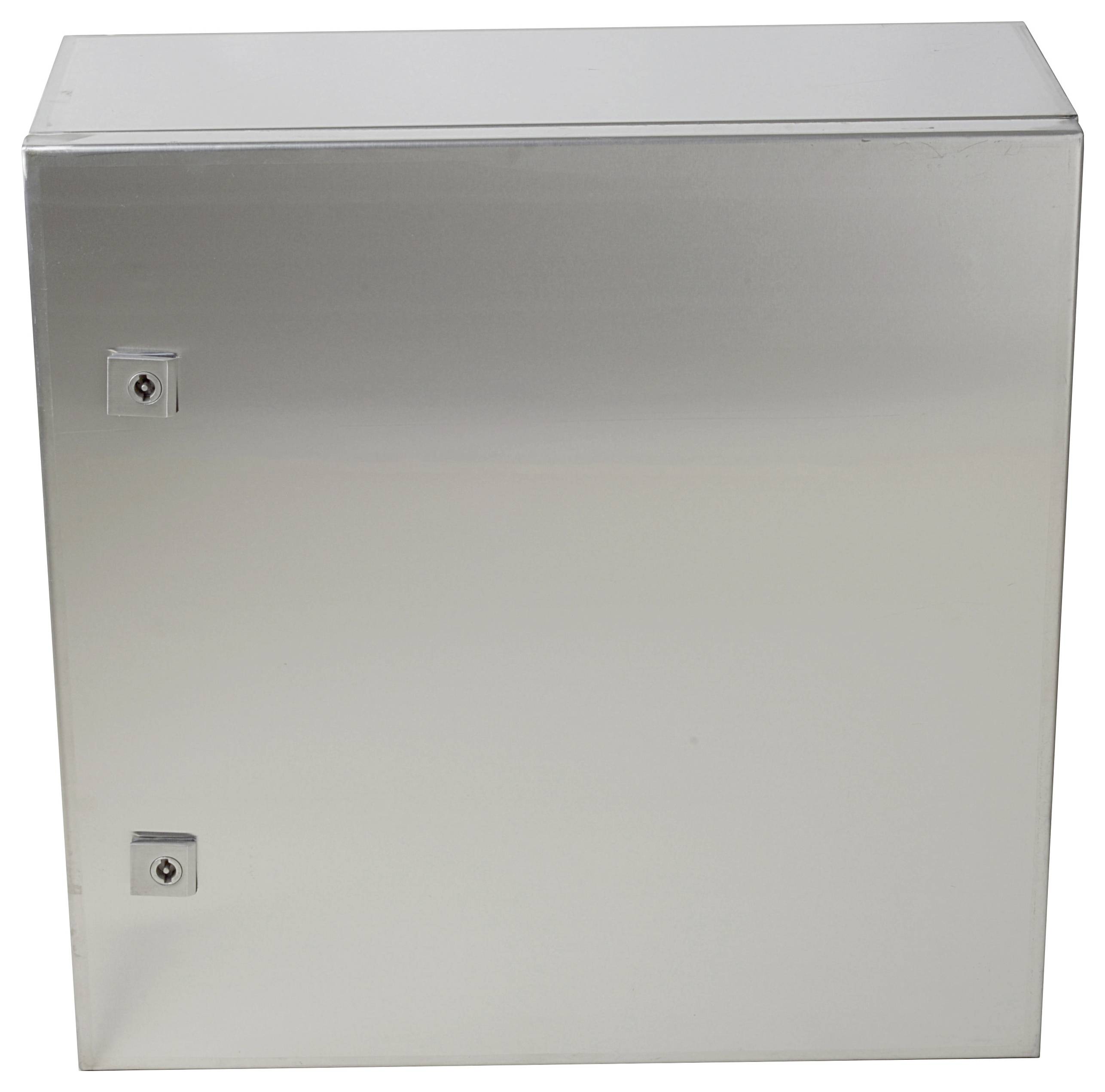 Metallischer Schrank mit zwei Schlössern, geschlossen. Der Schrank hat eine glatte Oberfläche und dient zur sicheren Aufbewahrung.