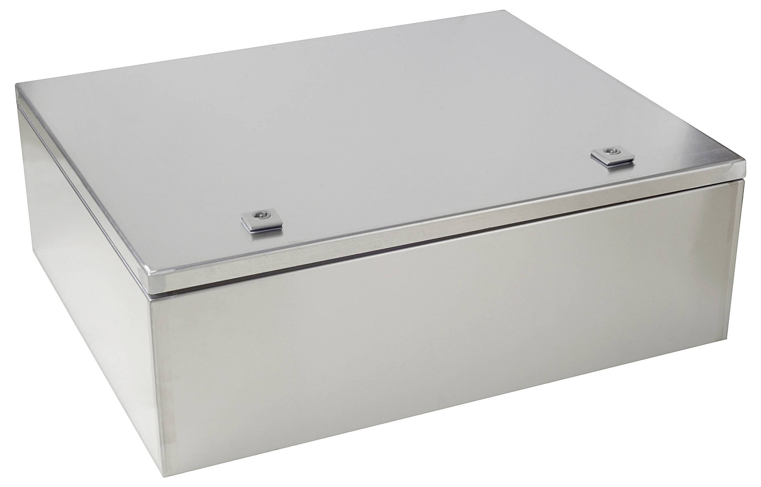 Silberner Metallkasten mit glatter Oberfläche und zwei quadratischen Schrauben auf dem Deckel, verwendet zur sicheren Aufbewahrung.