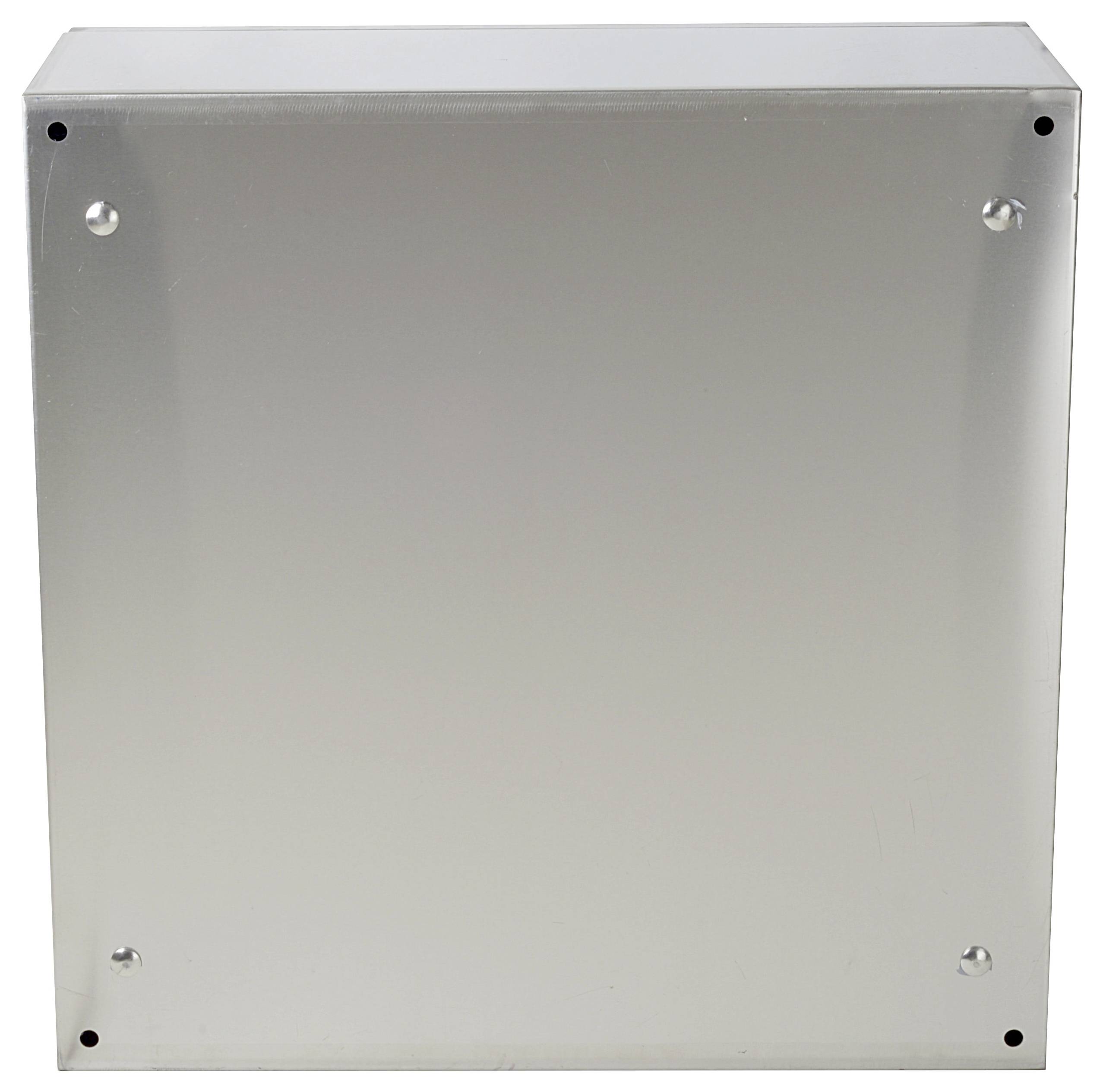 Eine silberne, rechteckige Metallbox mit vier Schrauben in den Ecken, möglicherweise ein Gehäuse für technische Geräte.