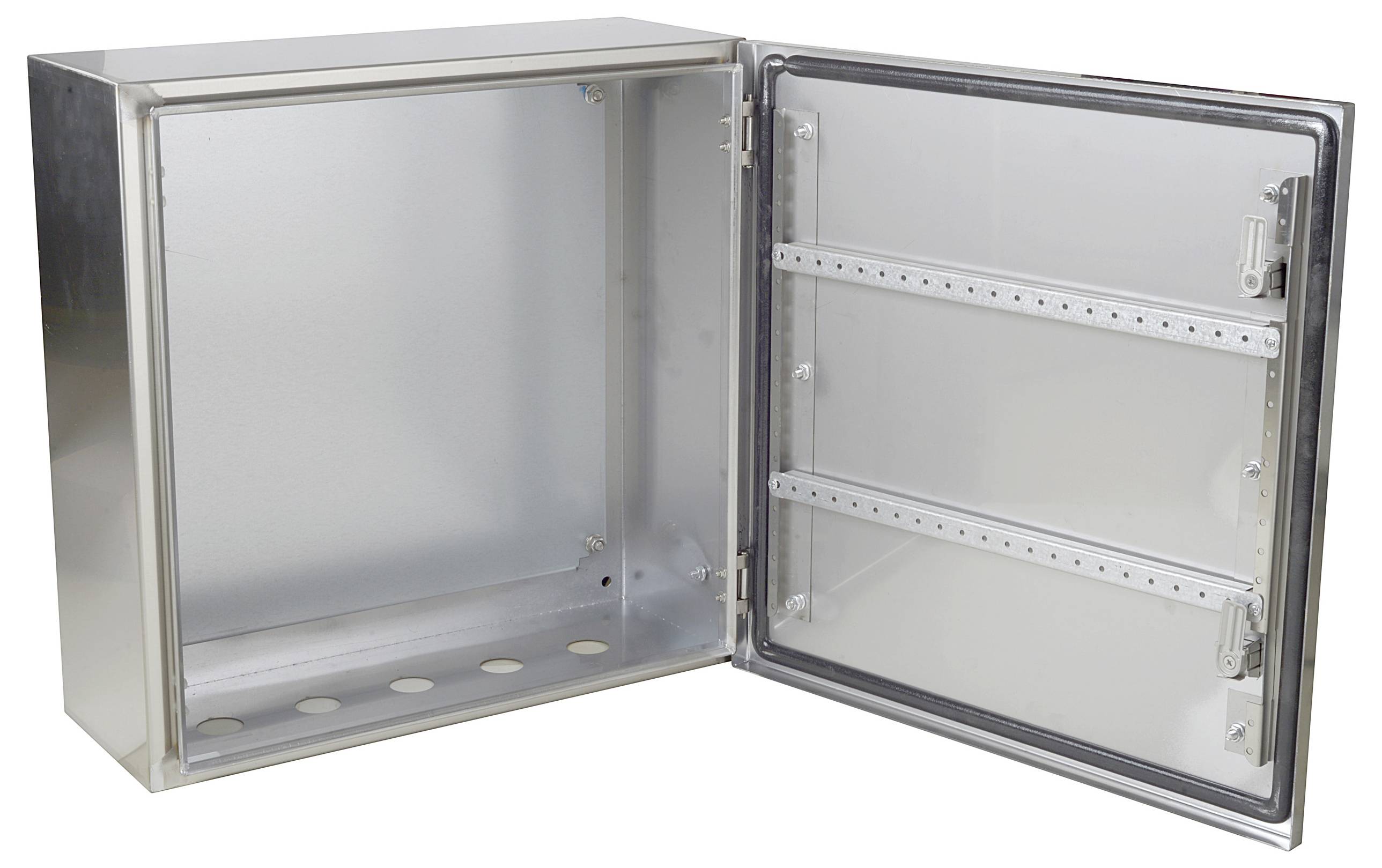 Ein offener Metallschrank mit zwei Regalschienen an der Innenseite der Tür, geeignet für die Aufbewahrung von elektronischen Komponenten.