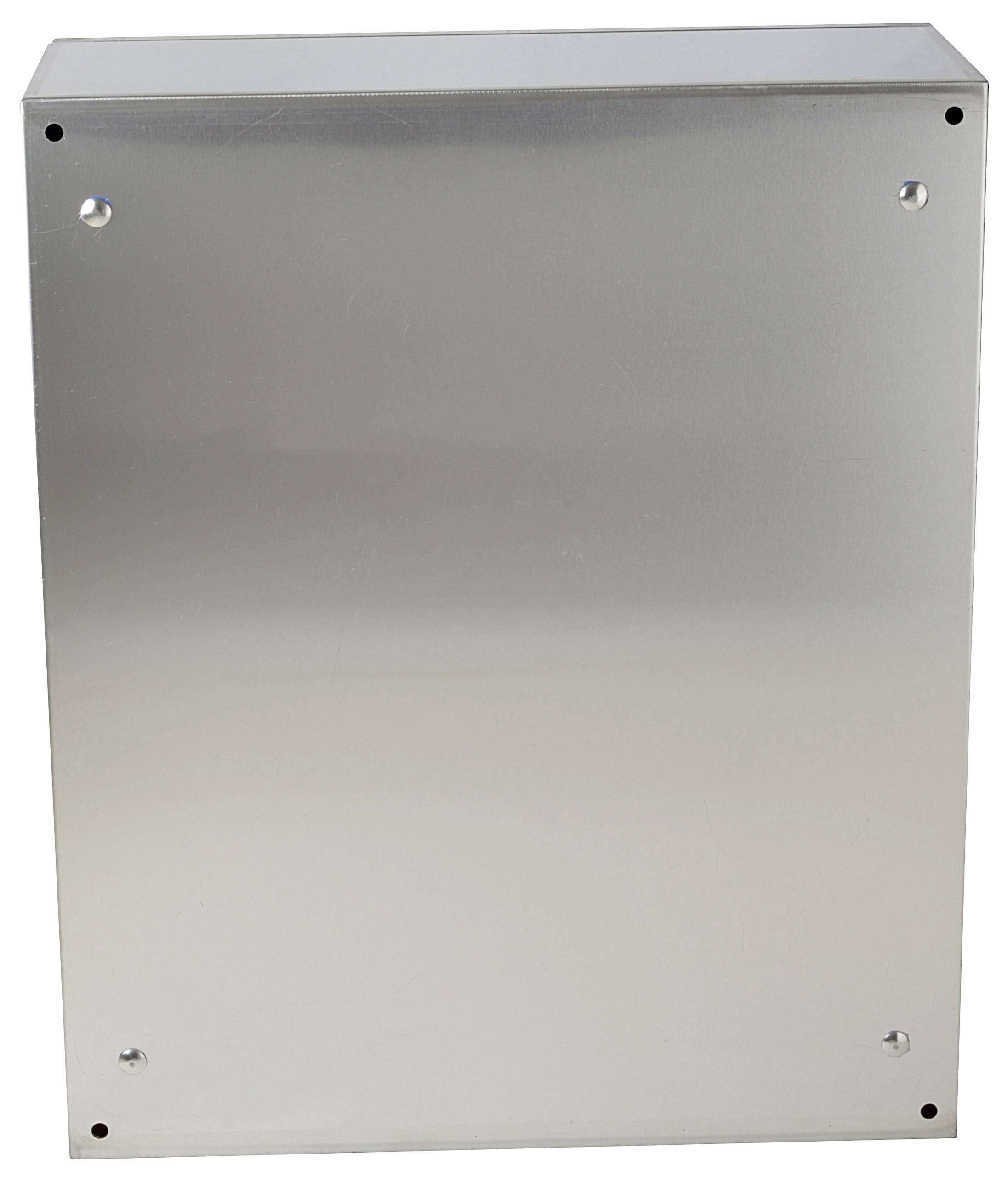 Metallischer rechteckiger Kasten mit abgerundeten Ecken und vier Schraubenlöchern.