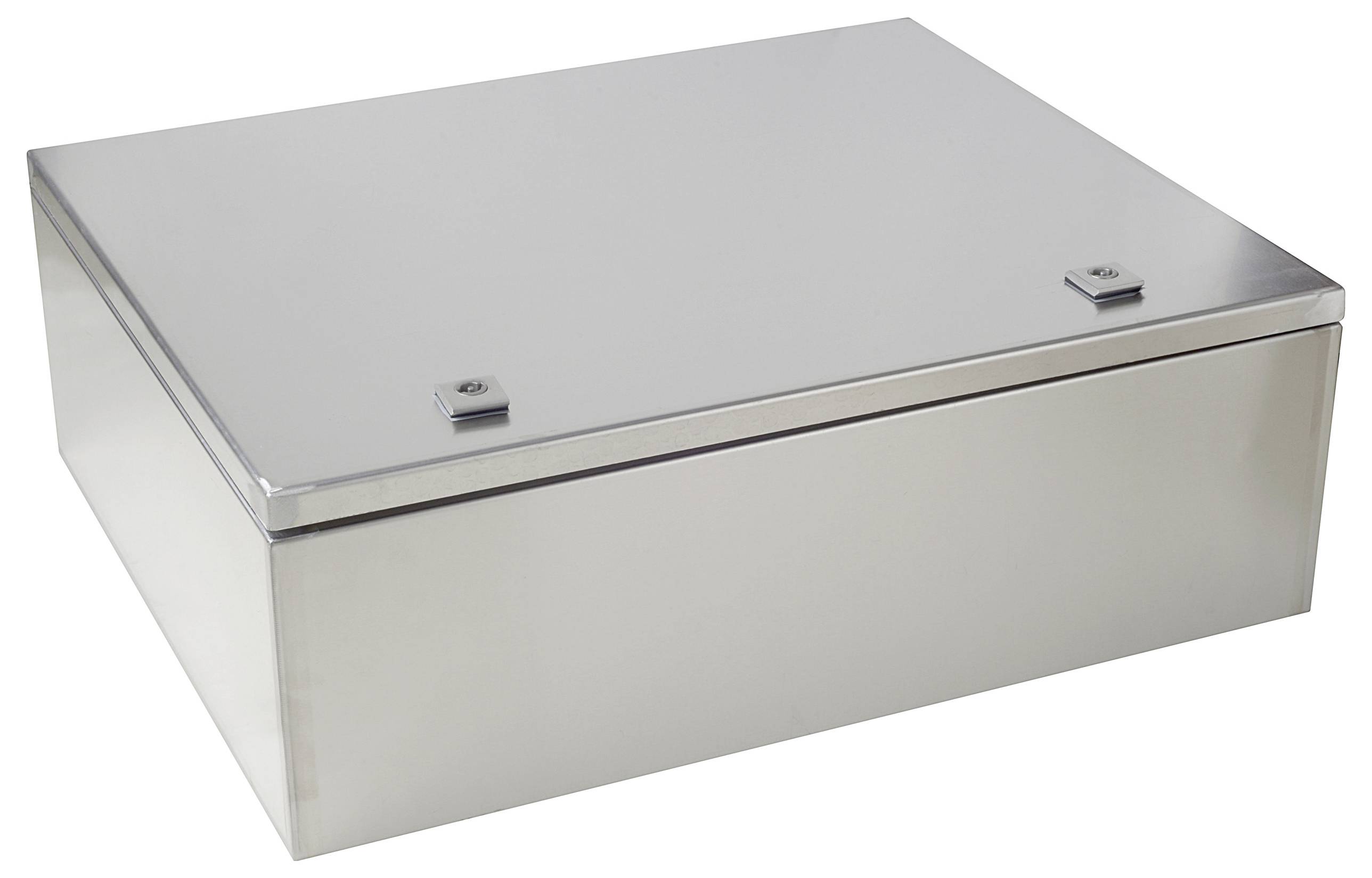 Rechteckiger, silberner Metallkasten mit zwei Schrauben am Deckel.
