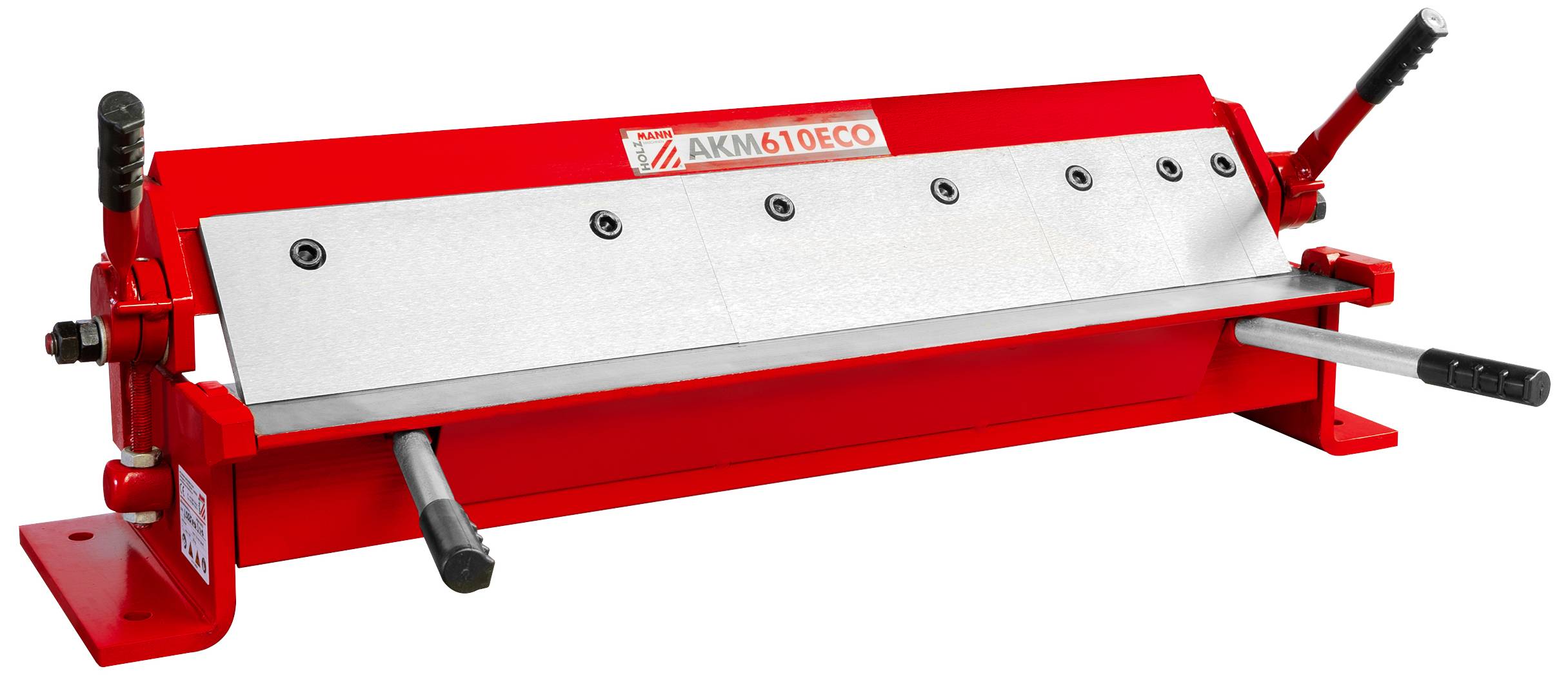 Eine rote Metallschneidemaschine mit mehreren Hebeln und Klingen, die zur Bearbeitung von Blechen dient.