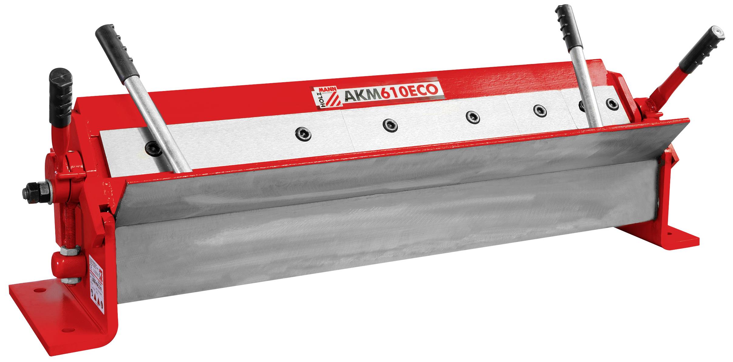 Rote Metallbiegemaschine mit mehreren Hebeln und Schrauben, Modell 'AKM610ECO'. Verwendet zum Biegen von Metallplatten.