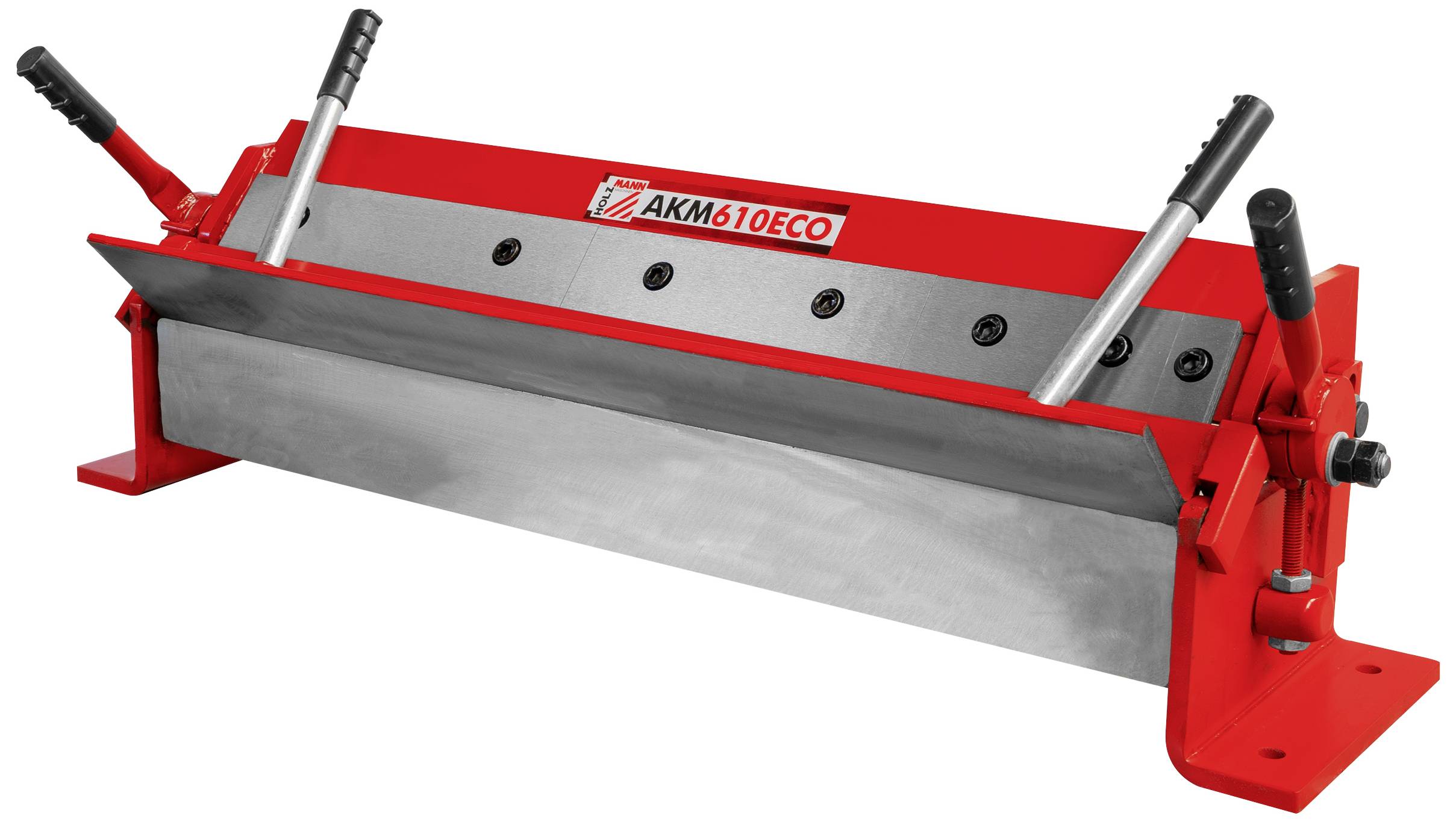 Rote Blechbiegemaschine mit schwarzen Griffen und Metallklinge, Modell 'AKM610ECO'. Verwendet zum präzisen Biegen von Metallblechen.