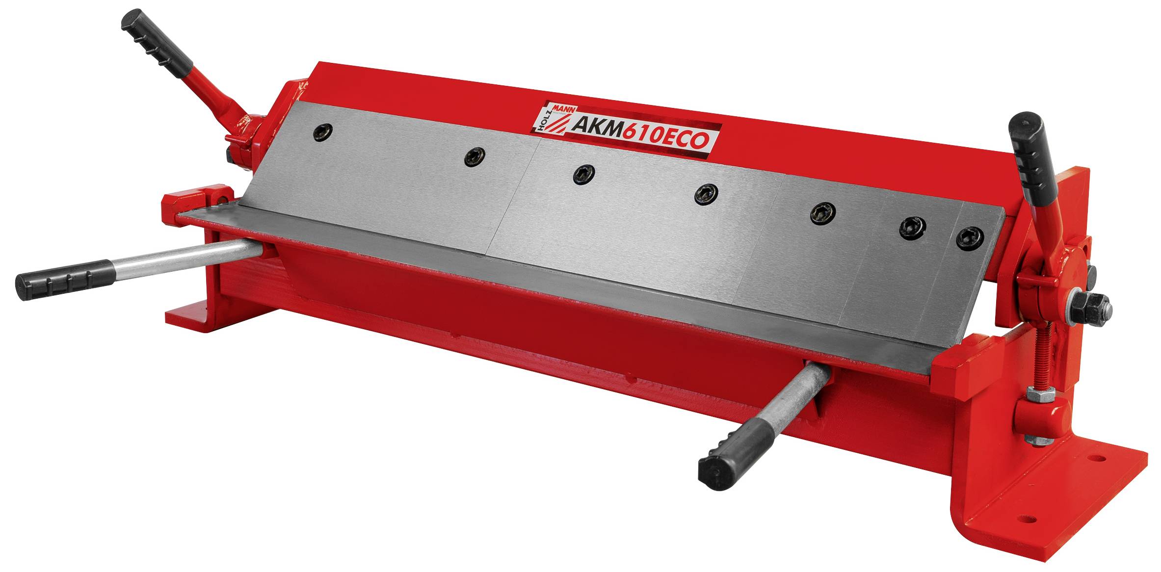 Eine rote Biegemaschine für Metallbearbeitung, Modell AKM610ECO, mit Hebeln an beiden Seiten zur Bedienung.