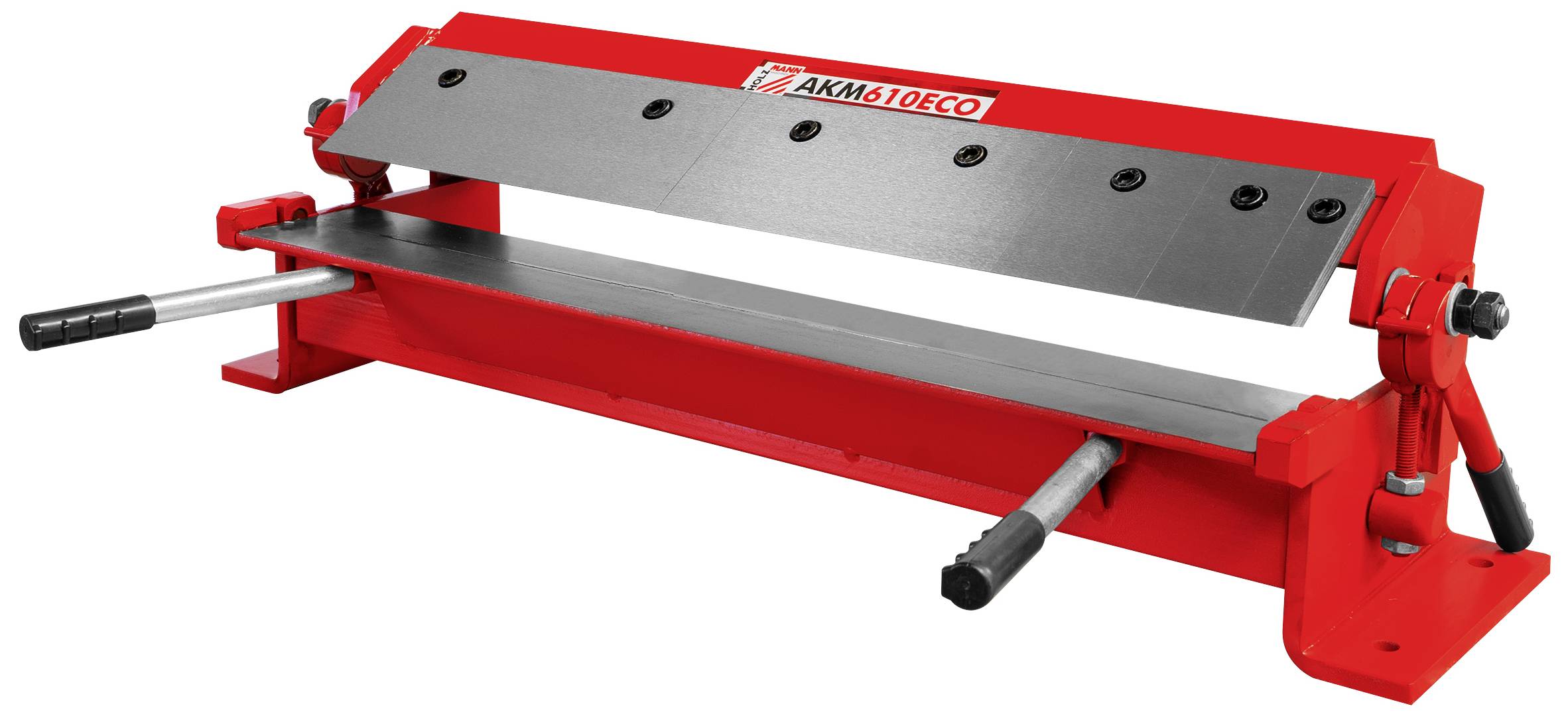 Rote Blechbiegemaschine auf weißem Hintergrund, mit Hebelarmen an beiden Seiten, geeignet für das Formen von Metallblechen.