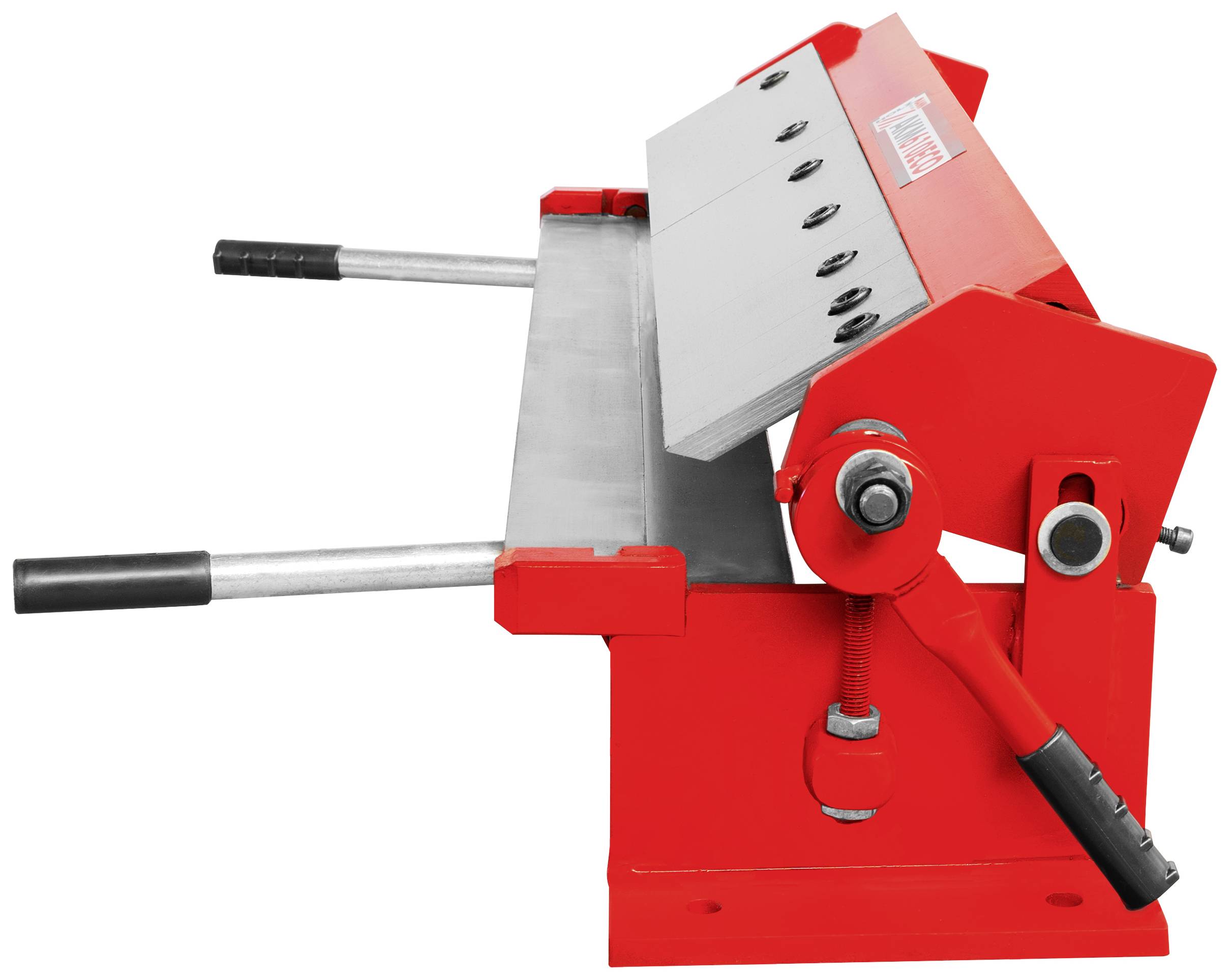 Rote Blechbiegemaschine mit Handkurbel, genutzt zum Formen und Biegen von Metallblechen in Werkstätten oder industriellen Umgebungen.