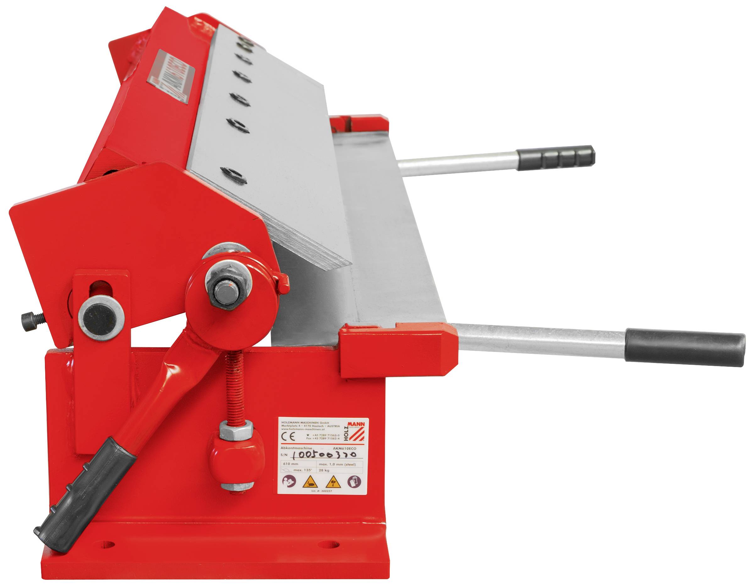 Eine rote, manuelle Metallbiegemaschine mit Hebeln und flacher Arbeitsfläche, geeignet für das Formen von Metallblechen.