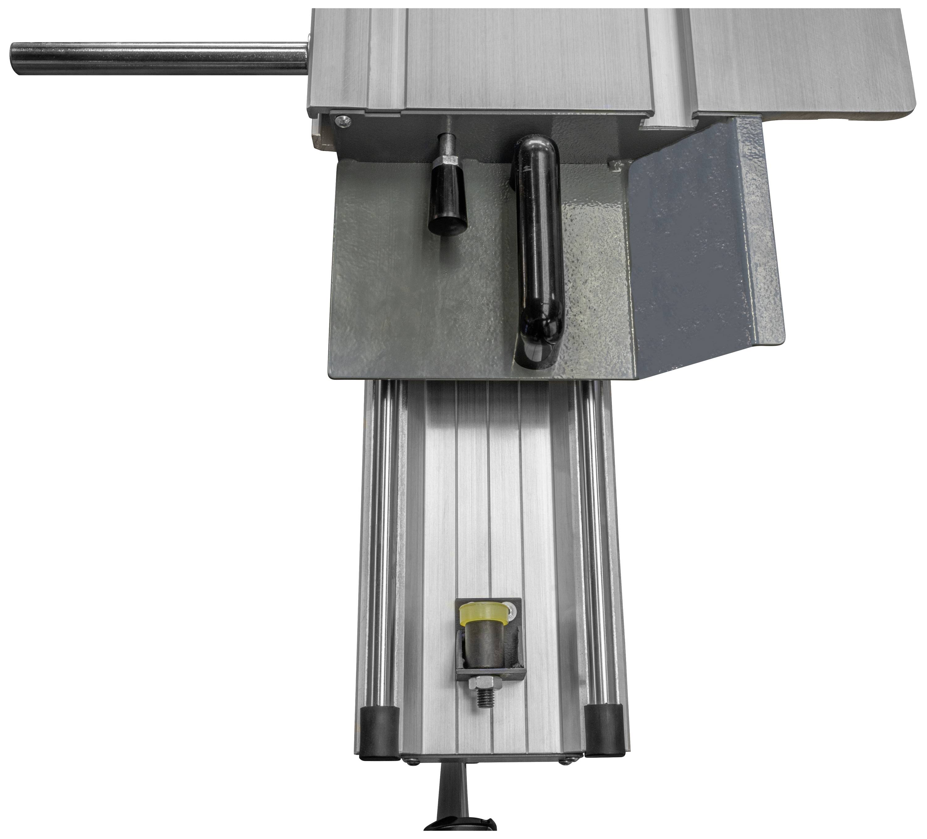 Metallische Werkbank mit Langlochbohreinrichtung, erkennbar sind ein Hebel, Führungsschiene und Spannvorrichtung.