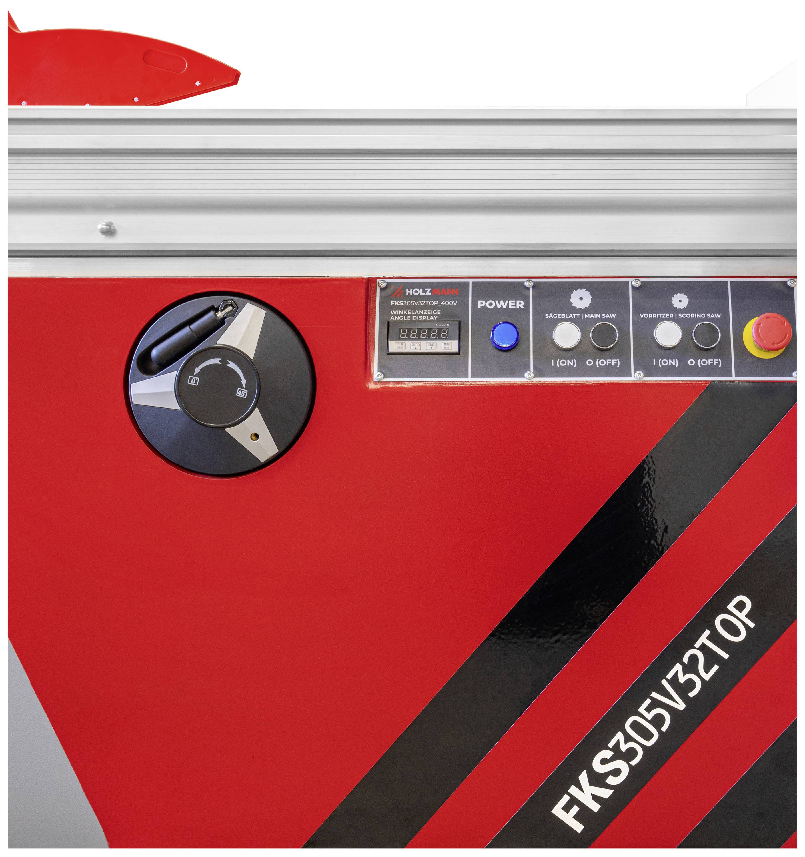 Eine rote Industriemaschine mit Bedienfeld. Knöpfe und Display zur Steuerung, links ein großer Drehknopf. Text: 'FKS305V32TOP'.