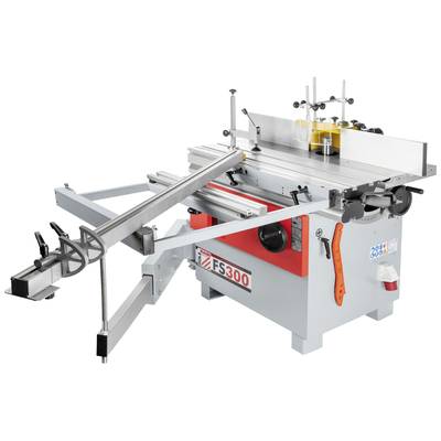 Kombinierte Holzbearbeitungsmaschine mit Säge-, Fräs- und Hobelfunktion. Metallelemente und mechanische Hebel sind deutlich sichtbar.