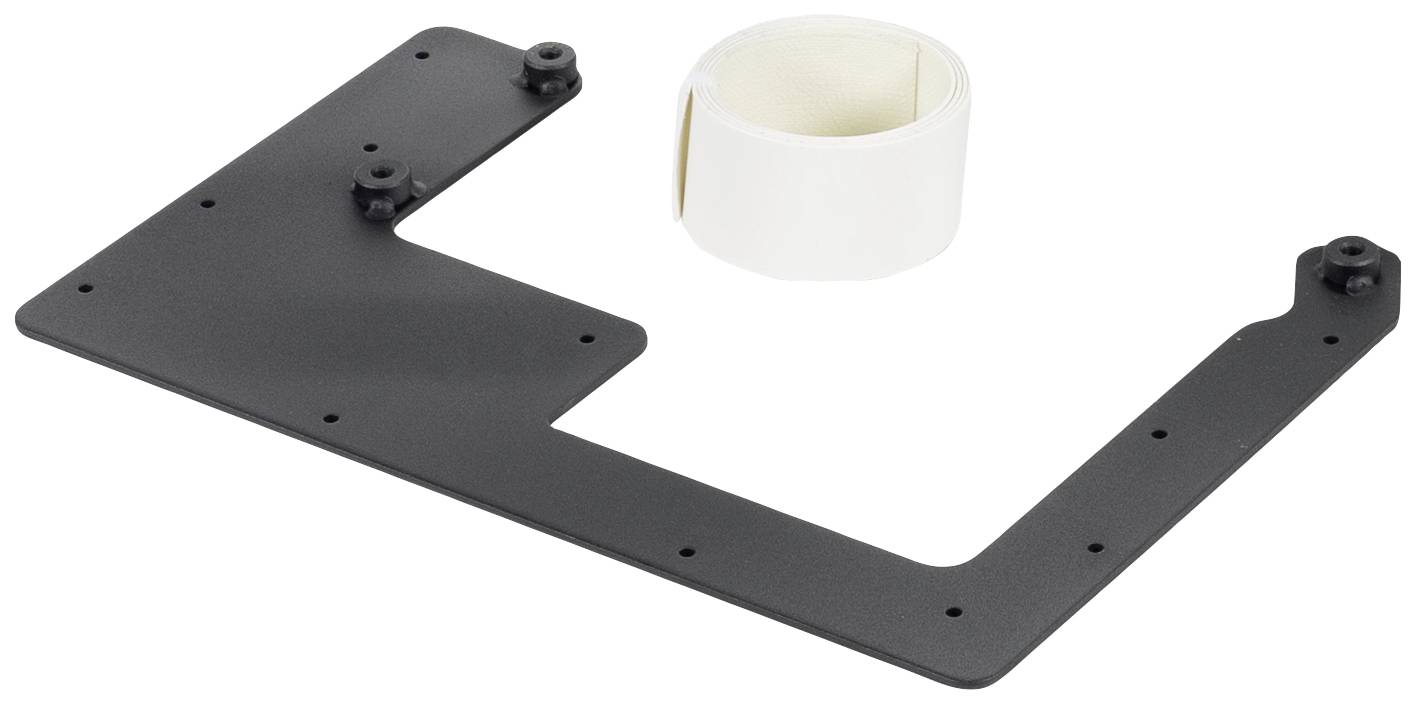 Metallische Halterung in L-Form und eine Rolle weißer Etiketten.