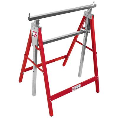 Rotes und silbernes Metallgestell, ähnlich einem Sägebock, mit verstellbaren Elementen, nutzbar zur Unterstützung bei Bauarbeiten.