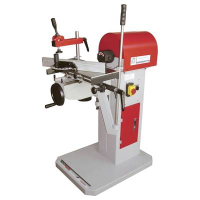 Eine rote und graue Industriemaschine mit mehreren Hebeln und Schaltern. Sie scheint für Metall- oder Holzbearbeitung konzipiert zu sein.