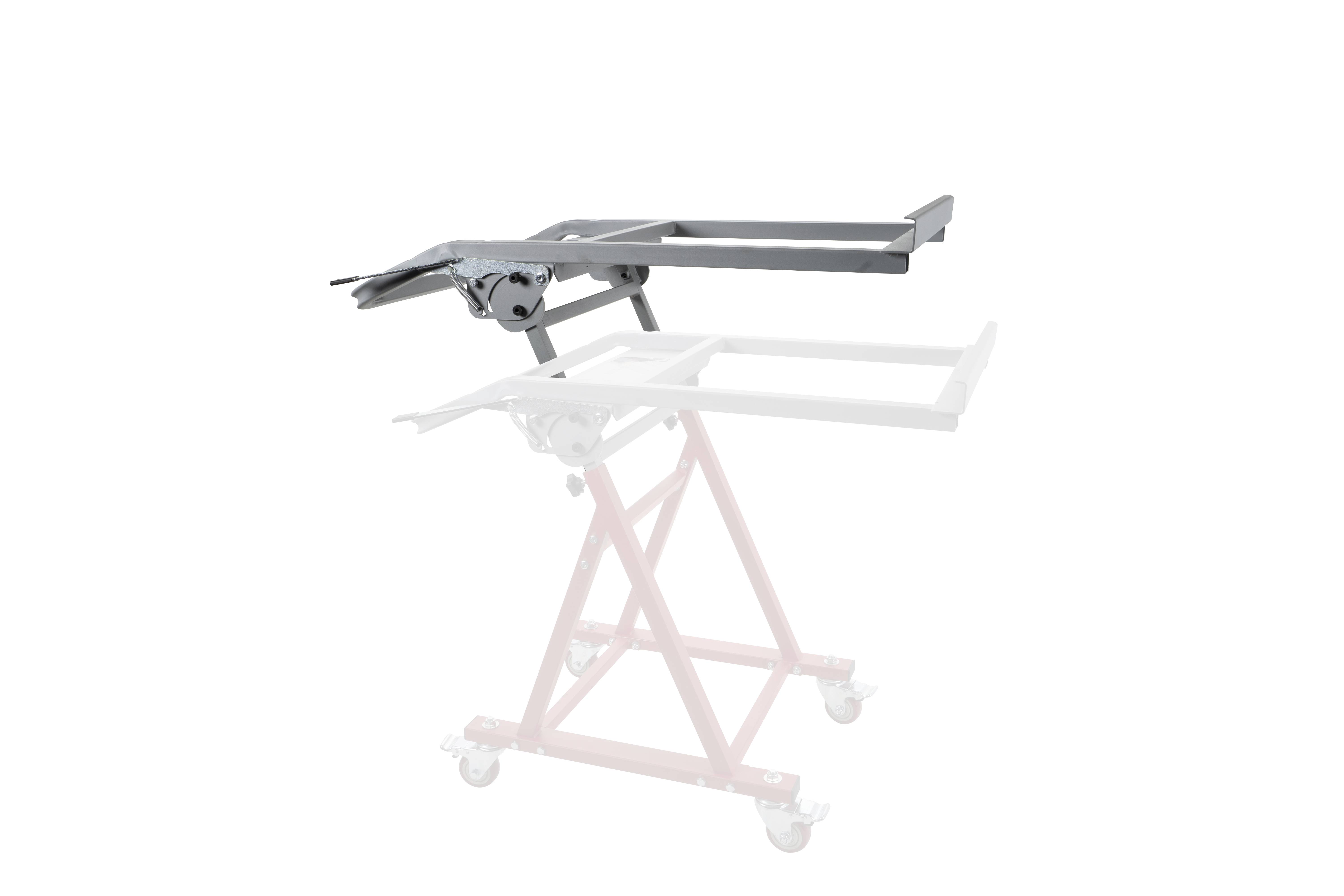'Abbildung eines zusammenklappbaren Tischgestells auf Rädern mit verstärkten Metallschienen. Das obere Element ist in der Luft aufgehängt.'