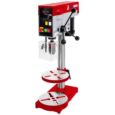 Eine rote und silberne Tischbohrmaschine mit digitalem Display und Hebel zur Einstellung. Geeignet für präzises Bohren in Werkstätten.
