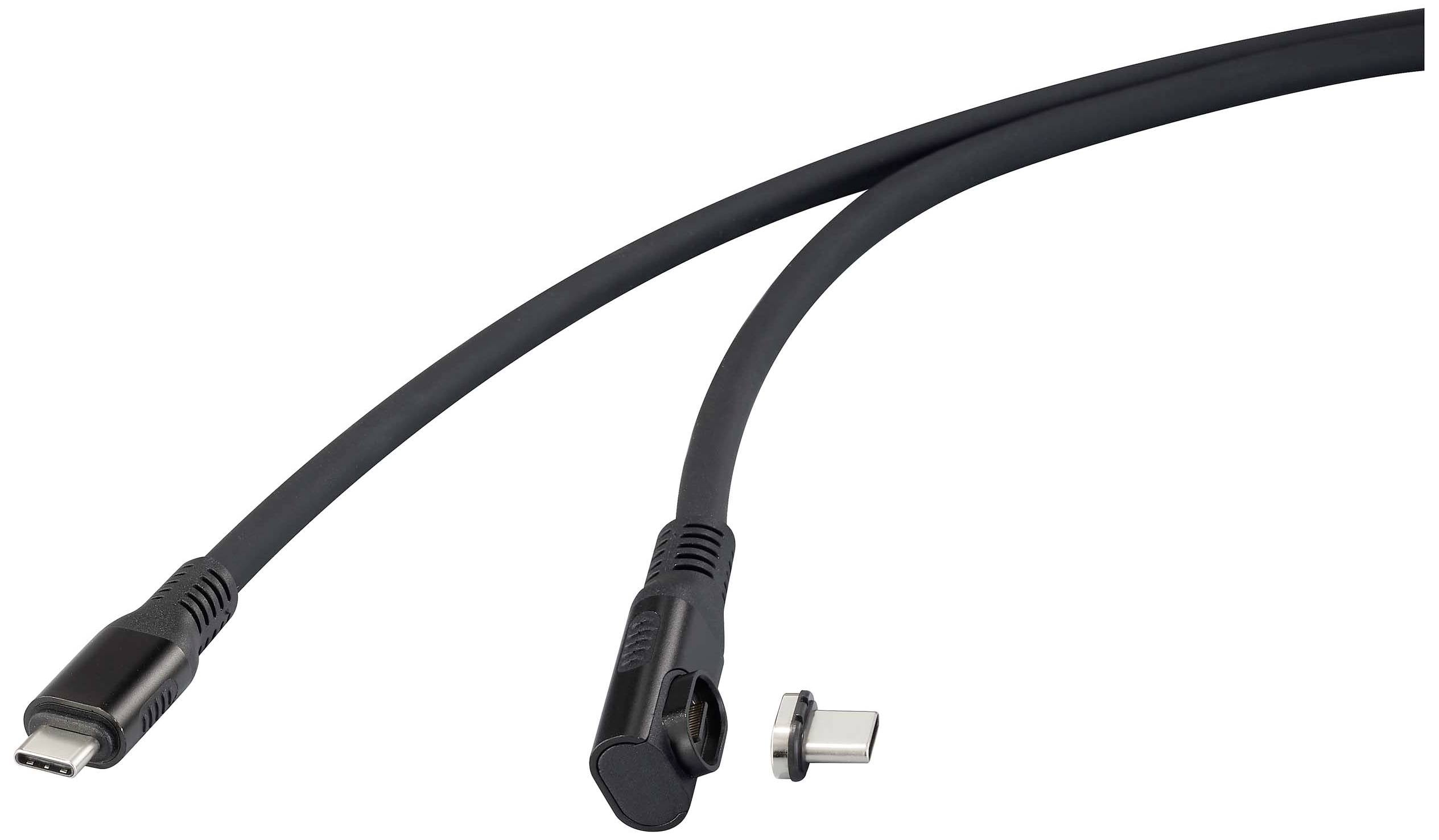 Ein schwarzes USB-C-Kabel mit abgewinkeltem Stecker und magnetischem Adapter. Geeignet für Geräte, die schnelles Laden unterstützen.