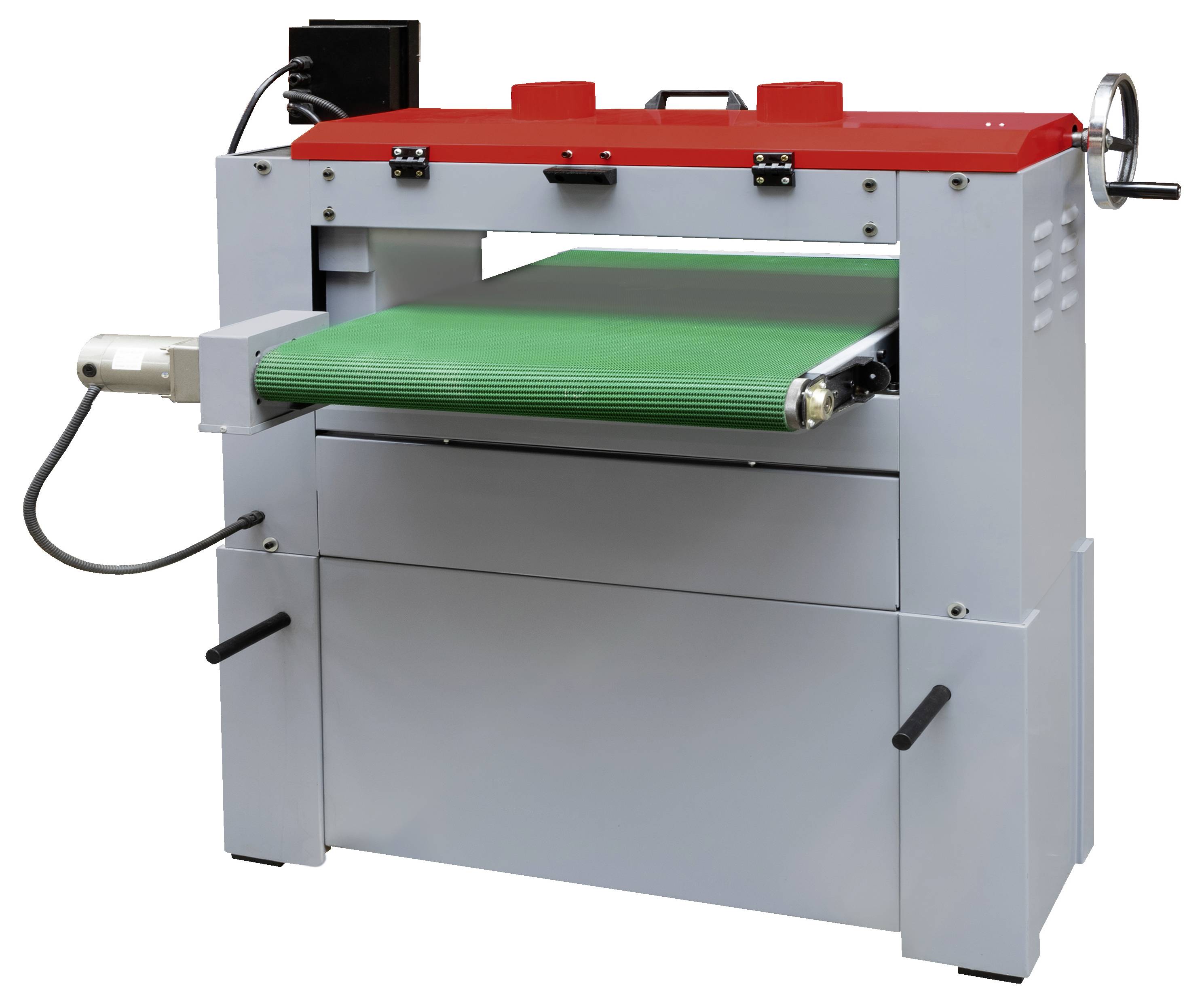 Eine große, grau-rote Holzbearbeitungsmaschine mit grünem Förderband und seitlichem Bedienelement für industrielle Anwendungen.