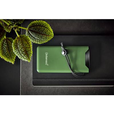 Grüne Powerbank mit schwarzem Band liegt auf einem geschlossenen Notizbuch neben grünen Blättern.