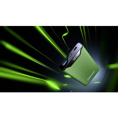 Grüne Powerbank mit einem USB-Anschluss, umgeben von dynamischen grünen Lichtlinien auf schwarzem Hintergrund.