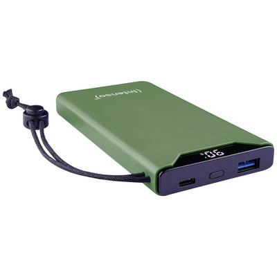 Grüne Powerbank mit USB- und USB-C-Anschlüssen, Ladeanzeige und Befestigungsband.