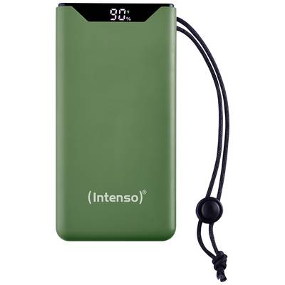 Grüne Powerbank mit Displayanzeige '90%' und schwarzem Trageriemen, Marke 'Intenso'.