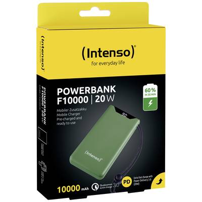 Intenso Powerbank F10000 mit 20W Leistung. Schnelles Laden, 60% in 30 min. Kapazität: 10000 mAh. Farbe: Grün. Enthält USB-Kabel.