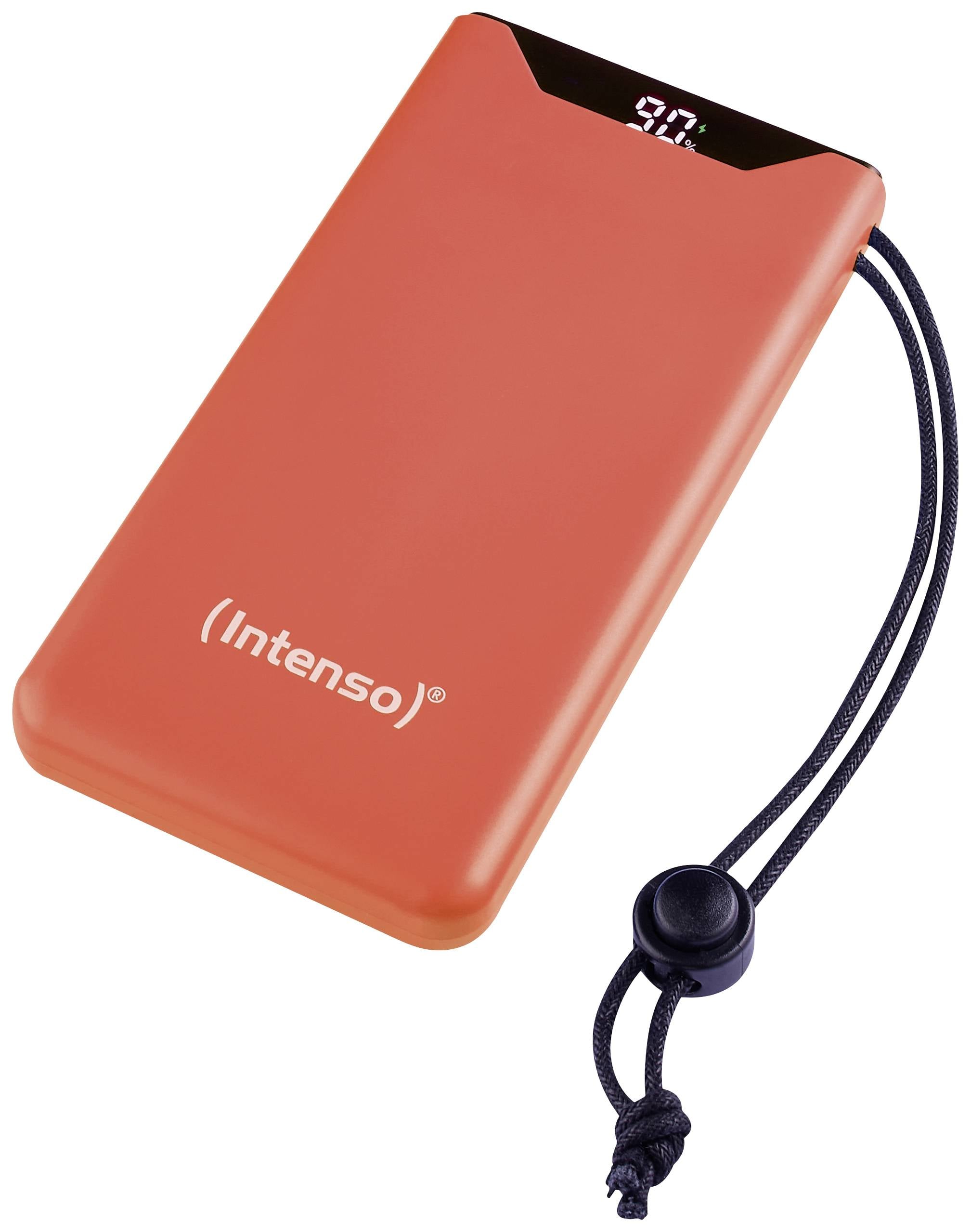 Rote externe Powerbank mit Digitalanzeige und (Intenso)-Logo. Ein schwarzes Band mit Kordelstopper ist an einer Ecke befestigt.