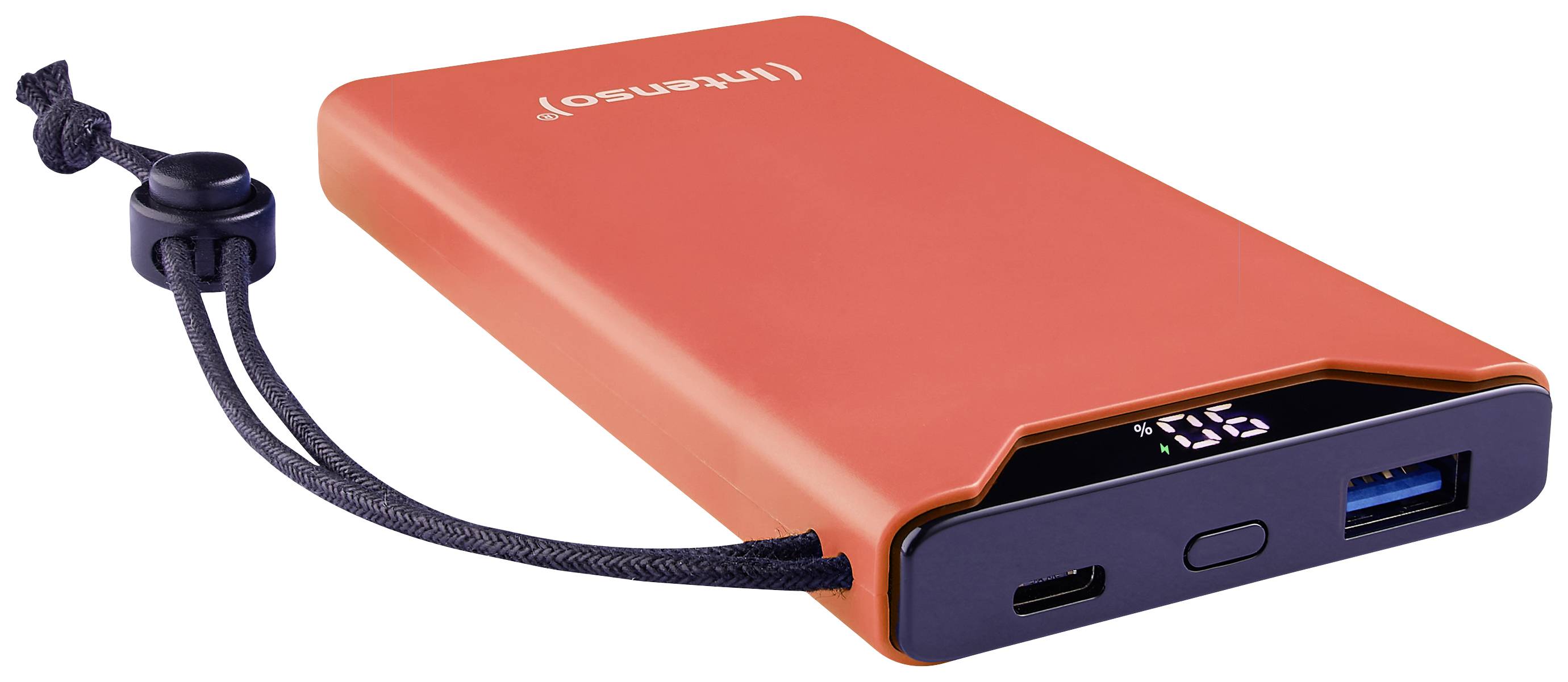 Orange Powerbank mit USB- und USB-C-Anschluss, seitliche schwarze Schnur, digitale Ladeanzeige zeigt 65% an.