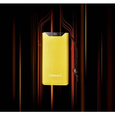 Goldene Powerbank mit digitalem Display zeigt 90% Ladezustand. Markierung 'Intenso' sichtbar. Hintergrund in sanften Braun- und Schwarztönen.