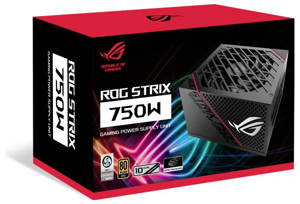 Verpackung eines 'ROG Strix 750W' Gaming-Netzteils. Zeigt das Netzteil mit dem ROG-Logo und Energieeffizienzzeichen '80 Plus Gold'.