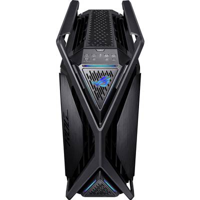 Ein schwarzes, futuristisches Computergehäuse mit blauen Akzenten und Markenlogo auf der Vorderseite.
