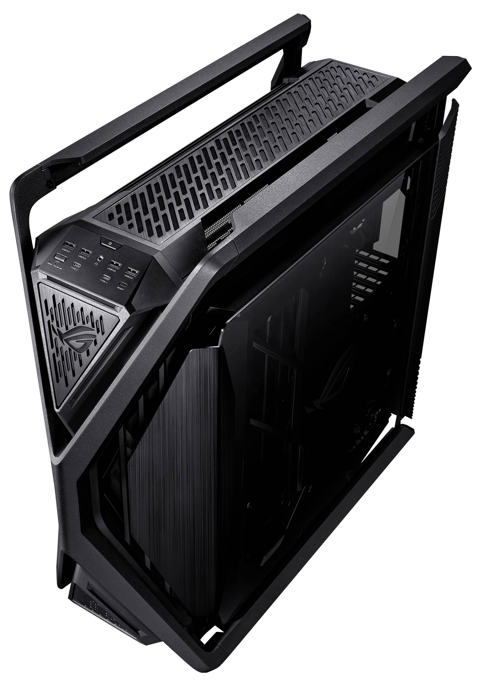 Schwarzes, futuristisches Computergehäuse mit Griffen und Lüftungsschlitzen oben. Design wirkt modern und robust für Gaming-PCs.