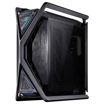 Ein futuristisches Computergehäuse mit transparentem Seitenpanel und blau beleuchteten Akzenten, zeigt modernes Design und Technik.