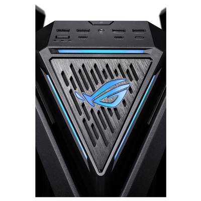 'Gaming-Computer mit blauem Logo auf schwarzem Gehäuse. Viele USB-Anschlüsse oben. Design betont Geschwindigkeit und Leistung.'