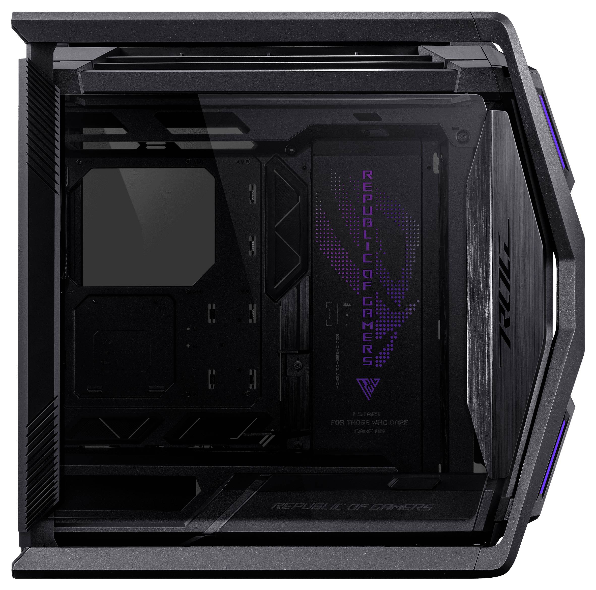 PC-Gehäuse in schwarzem Design von oben, mit transparentem Fenster und RGB-Beleuchtung. Schriftzug 'Republic of Gamers' innen sichtbar.