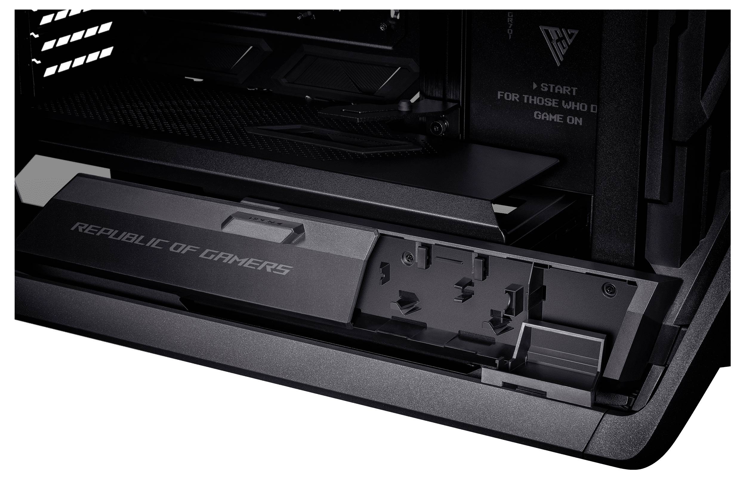 PC-Gehäuse mit transparenter Seitenwand, zeigt die Aufschrift 'Republic of Gamers' und eine Halterung für Steckkarten.