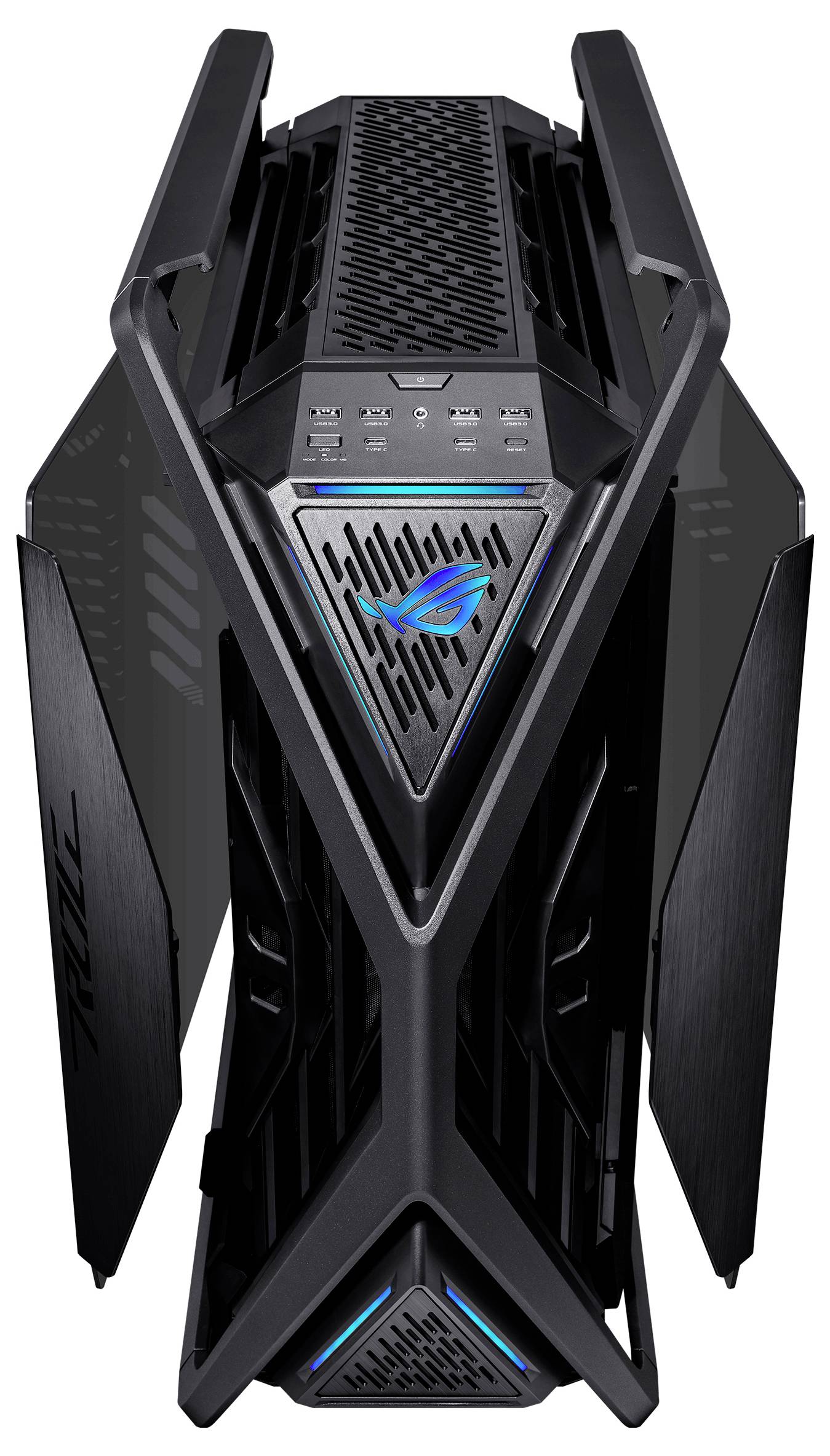 Schwarzer Gaming-PC mit futuristischem Design, blauer Beleuchtung und Markenlogo auf der Vorderseite, umgeben von Lüftungsöffnungen.