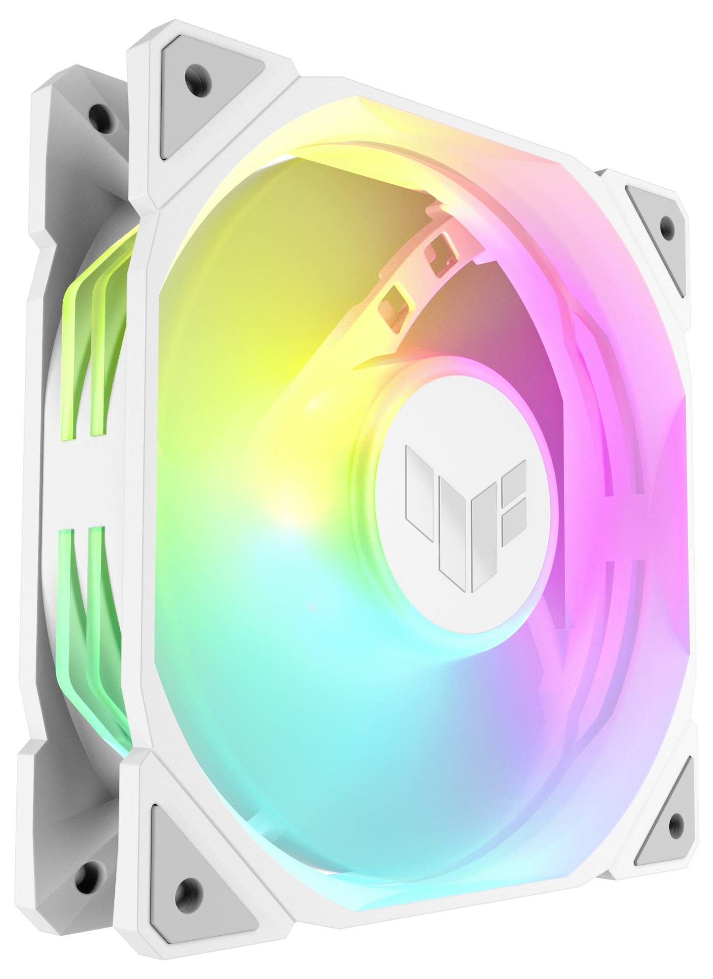 Ein weißer Computerlüfter mit mehrfarbiger LED-Beleuchtung zeigt einen Regenbogenfarbverlauf und hat ein zentrales Logo.