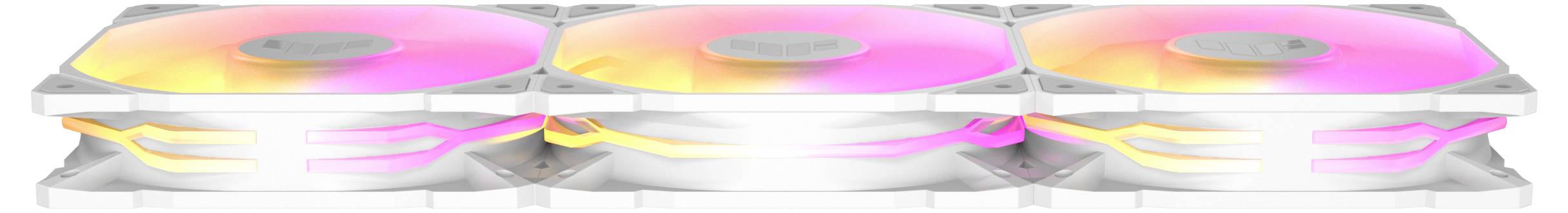 Drei nebeneinander liegende Computerlüfter mit beleuchteten LED-Ringen in Orange und Lila. Sie sind für die Kühlung von Geräten geeignet.