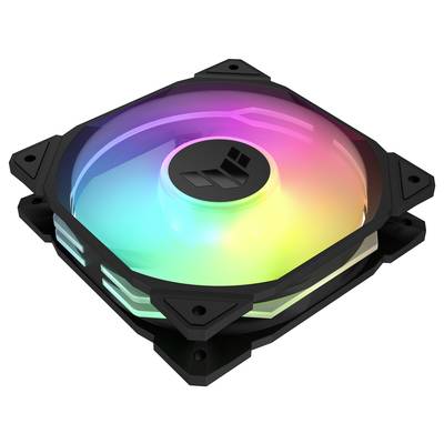 Ein Computergehäuselüfter mit bunten RGB-LED-Lichtern in einem quadratischen schwarzen Rahmen.