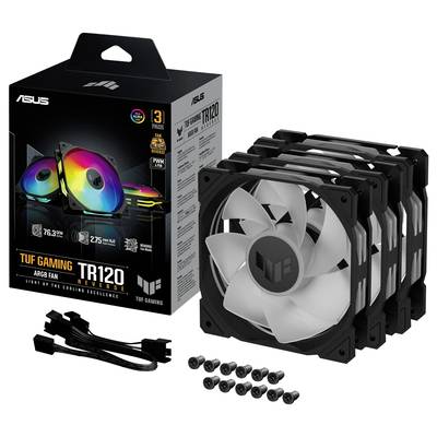 'ASUS TUF Gaming TR120' ARGB-Lüfter-Set mit drei Lüftern, Schrauben und Kabeln; verpackt in schwarzem Karton mit Abbildung.