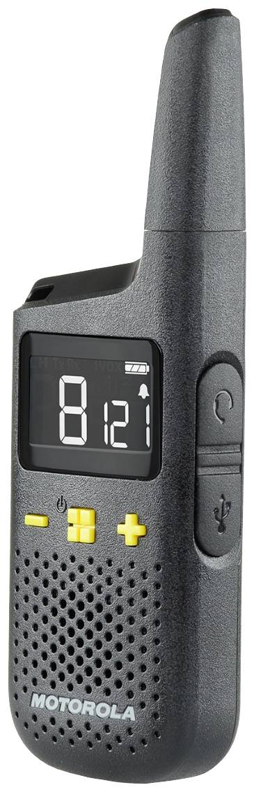 Ein schwarzes Walkie-Talkie mit Digitalanzeige, gelben Bedientasten und Markenlogo unten.