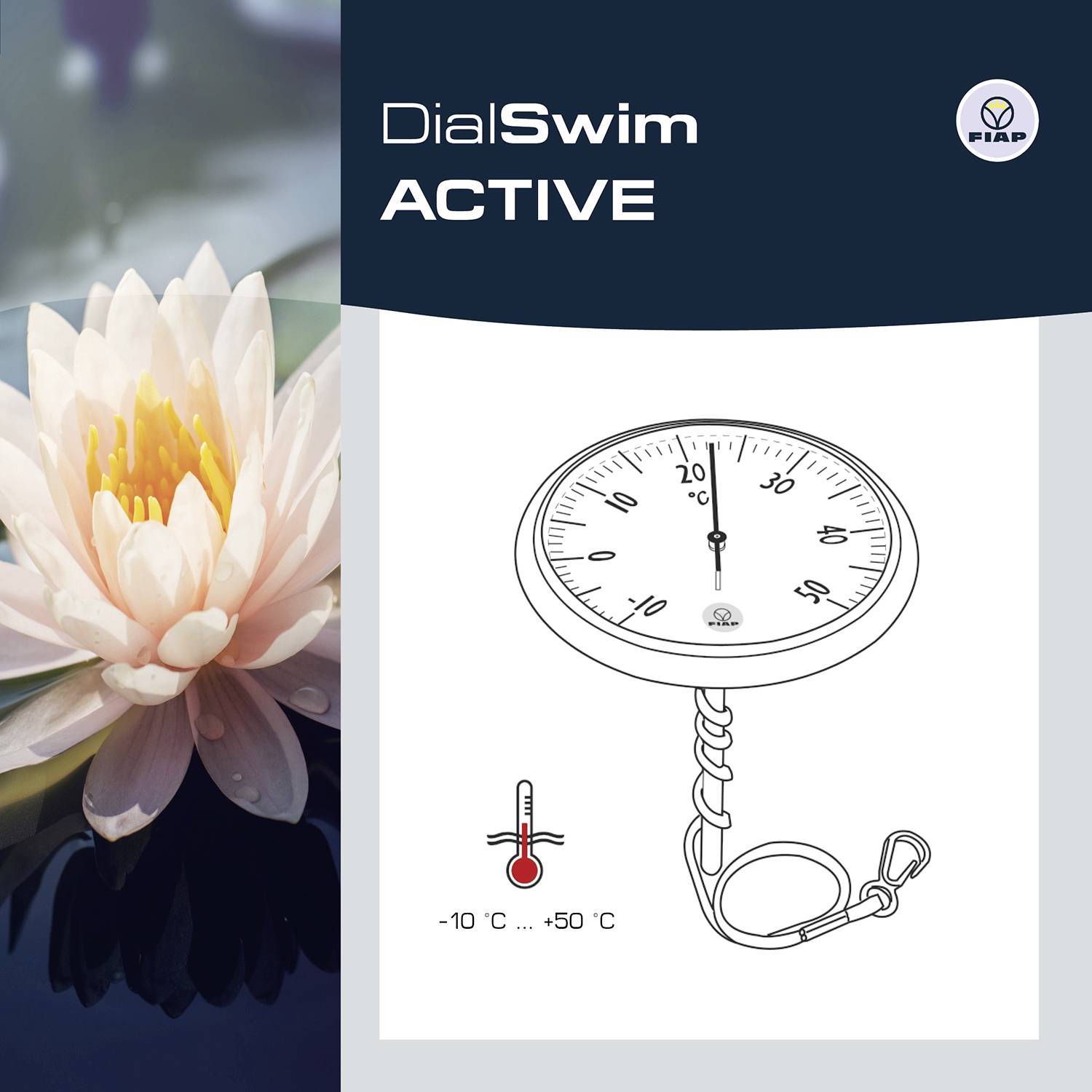 'DialSwim ACTIVE' Thermometer mit Skala von -10 °C bis +50 °C und einem wasserfesten Design, geeignet für den Schwimmbadeinsatz.