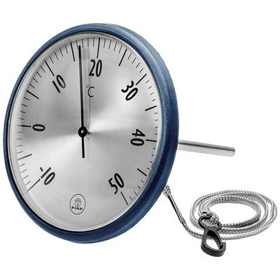 Rundes Metall-Thermometer mit Skala von -10 bis 50 Grad Celsius und blauem Rand. Zeiger bei 0 Grad. Silberne Nadel und Seil.
